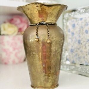 Vintage 9.25″ Hammered Solid Brass Vase with Bow & Tassel Detail